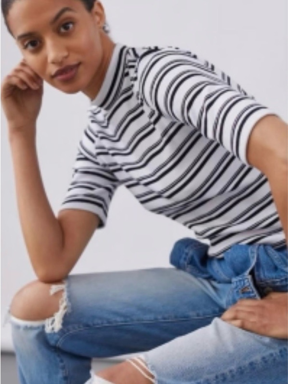Anthropologie Black and White Striped Mock Neck Top